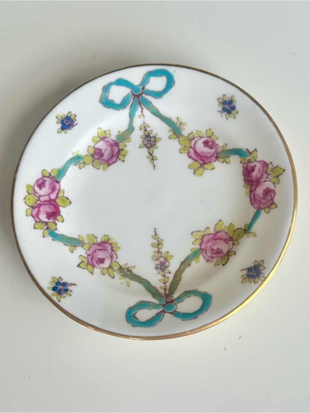 Rare Vintage Crown Staffordshire Blue Bow Demitasse Small Plate